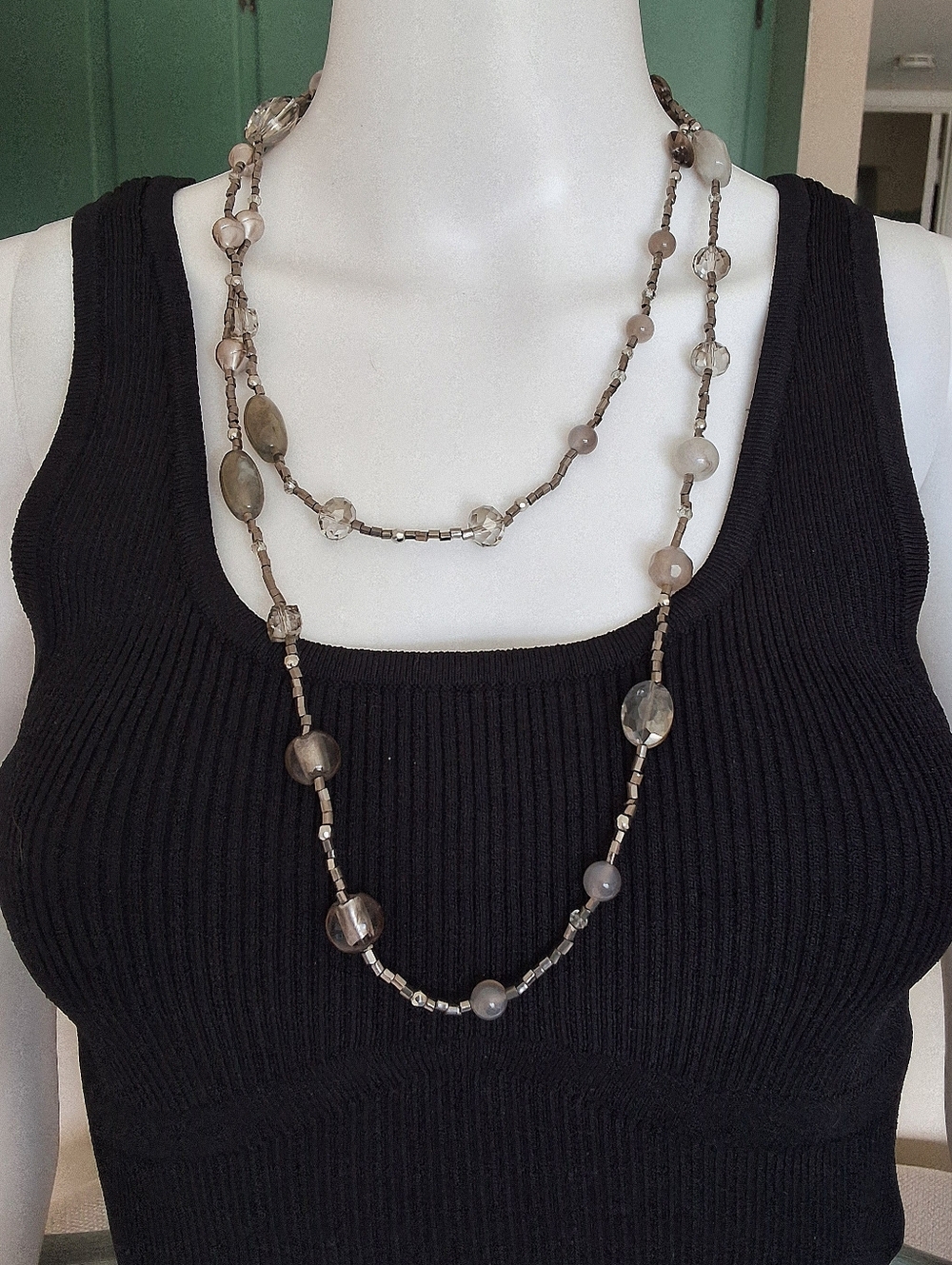 Beautiful Chico's Milly Gray Long Rope Beaded Necklace Boho Flapper 52" NWOT